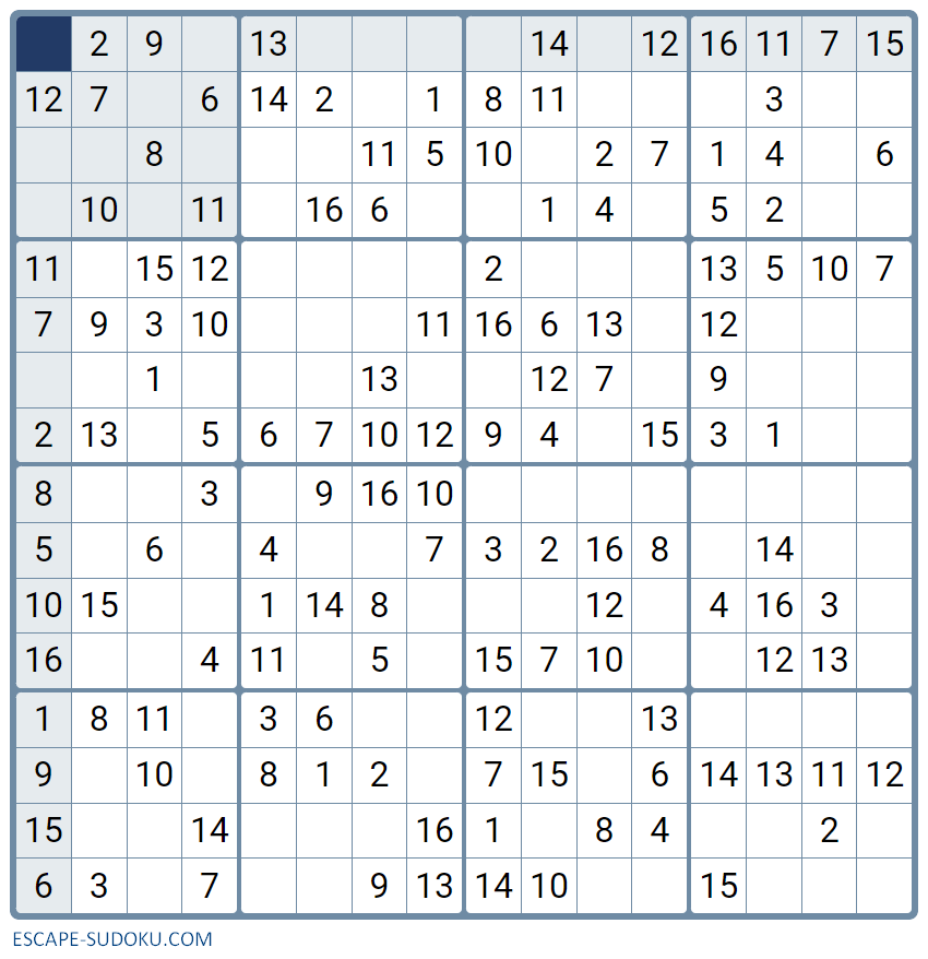 Sudoku 16x16 easy play online with escape sudoku